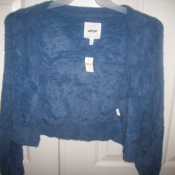 Aerie Cropped Fluffy Cardigan Sweater Size XS Top Blue Long Sleeve Womens NWT - Picture 3 of 9